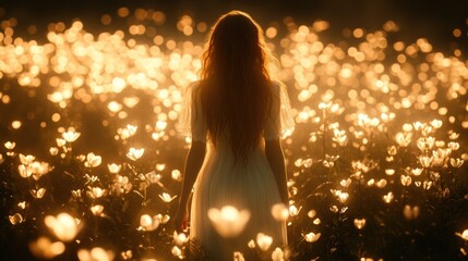 Woman in a field of glowing flowers at night