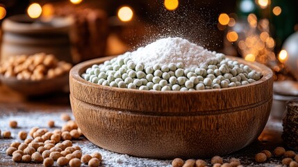 Wooden bowl of green peas with flour