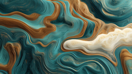 Abstract ocean waves in teal and navy blue with copper accents, featuring flowing, fluid lines. Ideal for wall art, home decor, or background design with a modern, elegant aesthetic.