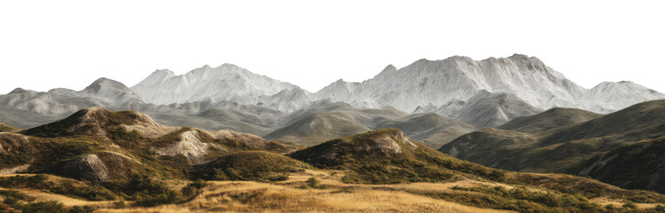 Arid desert mountain range with rocky peaks isolated on transparent background