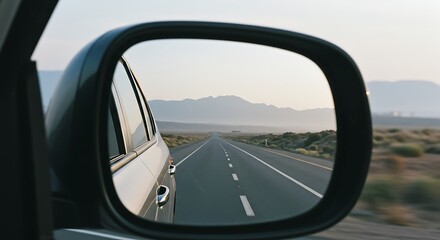 Car Side Mirror Reflecting Desert Highway with Distant Mountains