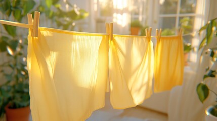 Yellow fabrics drying on clothesline