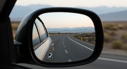 Car Side Mirror Reflecting Highway and Mountains Under Dusk Sky