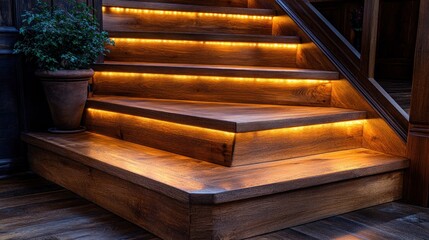 Wooden stairs with warm light accents