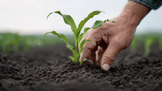 Close-up of a hand nurturing a corn plant, symbolizing growth & sustainability, promoting farming practices & conservation Farmer tending to a seedling in fertile soil, emphasizing agricultural