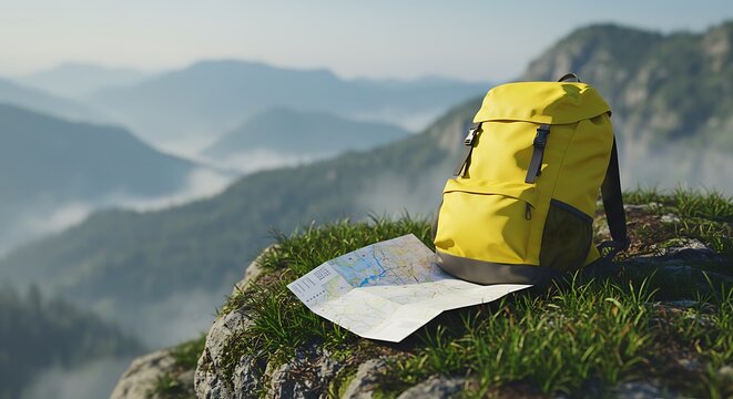 Bright Yellow Backpack and Hiking Map on Grassy Mountain Peak - Powered by Adobe