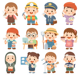 Set of Cute Cartoon Kids in Various Professions and Occupations