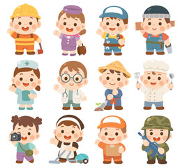 A collection of adorable cartoon children dressed in various profession uniforms including firefighter, doctor, chef, soldier, photographer, and more.