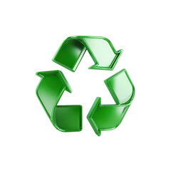 Obraz premium Glossy green recycle symbol made of 3D arrows in circular motion, clean eco icon design, sustainability concept, on transparent background