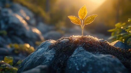 Young sprout emerging from rock
