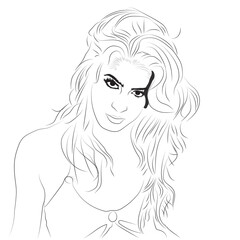 A minimalist black and white line drawing portrays a woman with voluminous, wavy hair. Her direct, intense gaze is accentuated by bold eyeliner, creating a sultry and confident expression.
