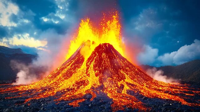 Active Volcano Erupting with Molten Lava Flowing, Dramatic Clouds, and Natures Power.
