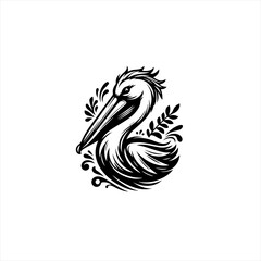 Fototapeta premium Stylized Black and White Pelican Emblem with Floral Accents.