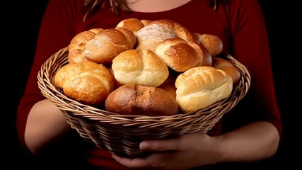 A person holding a basket of bread rolls, for bakery promotions, showcasing artisanal baking, ideal for food blogs Celebrate the art of baking with a basket of golden rolls, suitable for culinary