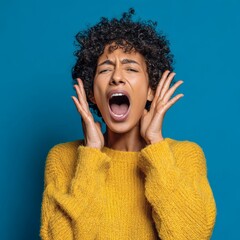 A woman experiencing intense frustration, distress, or stress, expressing the emotional turmoil through a scream. Her hands are covering her ears, with eyes closed