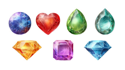 Glossy jewel set colorful gem shaped in round heart on transparent background

