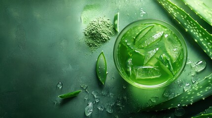 Refreshing aloe vera drink with ice cubes and green leaves overhead flatlay