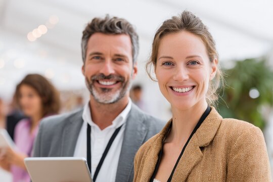 Two smiling businesspeople wearing badges are engaging with colleagues while holding a tablet, networking effectively during a corporate event filled with opportunities for collaboration