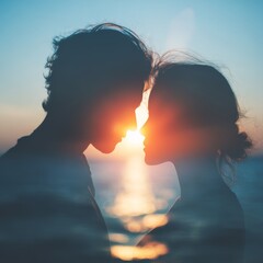 A romantic silhouette of a couple kissing at sunset. The setting sun creates a warm glow behind them and the beautiful sea