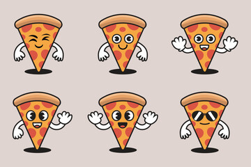 Cute Pizza Slice Character Set, Funny Pizza Expressions Collection, Pizza Mascot with Emotions