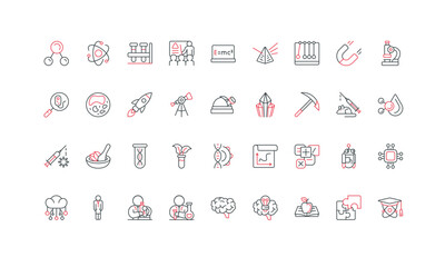 Science research, laboratory equipment and experiment by scientist line icon set. Physics and chemistry, biology, structure and formulation of knowledge thin black and red symbols vector illustration