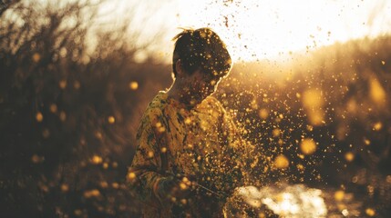 Child playing outdoors in golden sunlight with splashing particles.