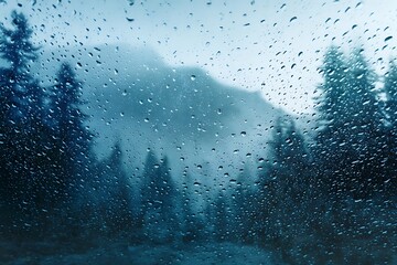 Raindrops on Glass with Blurred Evergreen Trees and Misty Background in Cool Blue Tones