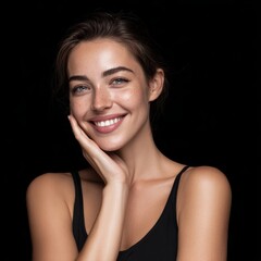 A beautiful woman with a radiant smile, perfect skin, and elegant features, embracing the joy of a sunny day