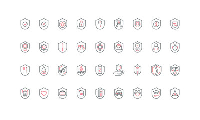 Shield warranty for quality, security protection line icon set. Different defense shields protect health and life in accident, property, money, code thin black and red symbols vector illustration