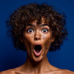 A young woman with a shocked expression, applying cosmetic mask on her face