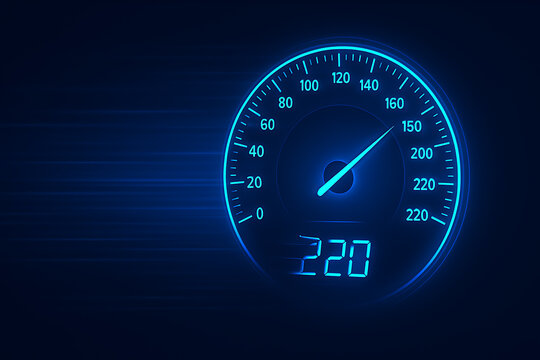 Digital speedometer glowing in blue neon light, speed gauge needle pointing at 220 kmh, futuristic automotive dashboard display concept, high performance vehicle technology on dark background