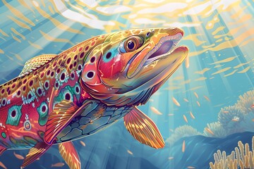 A colorful illustration of a trout with detailed scales and fins, set against a backdrop of a clear blue stream with sunlight streaming through. 40k, full ultra hd, high resolution