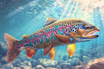 Fototapeta premium A colorful illustration of a trout with detailed scales and fins, set against a backdrop of a clear blue stream with sunlight streaming through. 40k, full ultra hd, high resolution