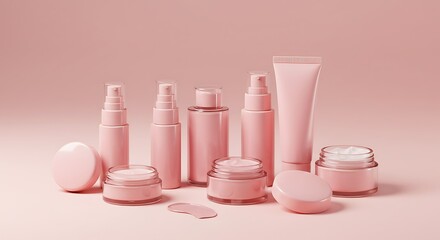 Pink Cosmetic Product Set on Soft Pink Background for Beauty Mockups