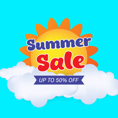 Obraz premium Summer banner sale. A summer banner with the sun, clouds and text. An advertising offer. 50% discount. 