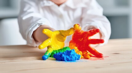 Child's hands covered in colorful paint on a wooden table.