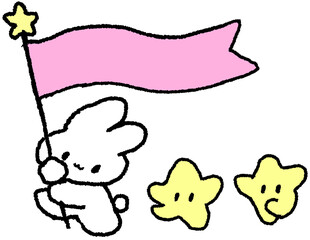 별 깃발을 든 토끼 캐릭터 손그림 일러스트