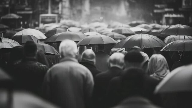 People navigate a crowded urban street while holding umbrellas during a rainy day
