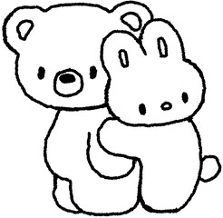 곰과 토끼가 포옹하는 손그림 라인 일러스트