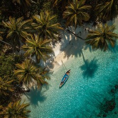Aerial view of tropical beach with palm trees and boat in turquoise water paradise landscape