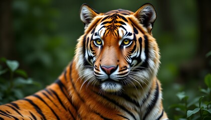 Fototapeta premium A regal tiger is depicted with vibrant orange fur, accented by bold black stripes that curve and swirl across its body