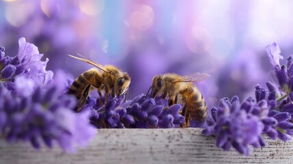 Two honeybees on lavender flowers.