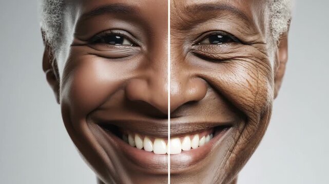 Black female face split between a youthful appearance and an aged one, highlighting skin changes over time