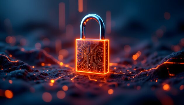 A vibrant neon orange padlock, intricately detailed with circuit like patterns etched across its surface, hovers against a dynamic background