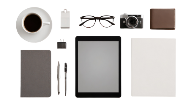 Organized minimalist workspace setup with tablet on transparent background

