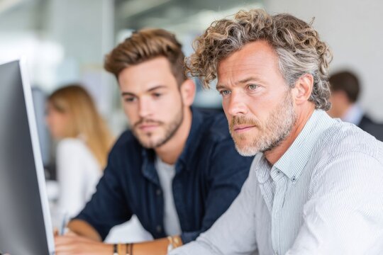 Two businessmen focusing intently on their tasks while working on a desktop computer in a modern office, collaborating effectively and solving problems as a cohesive team
