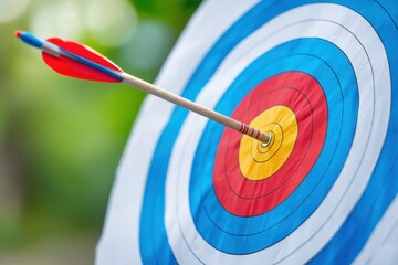 Wooden arrow with red and blue feathers hitting the center of colorful archery target during competition, representing success, achievement, and precision in outdoor sports