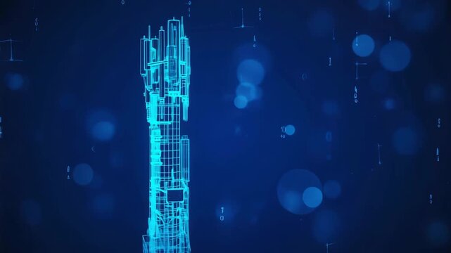 Digital Blueprint of Signal Transmission Tower in Binary Code Background