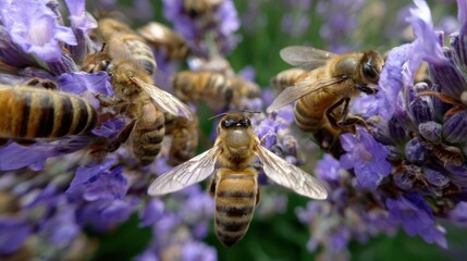 Honeybees pollinating lavender blossoms.
