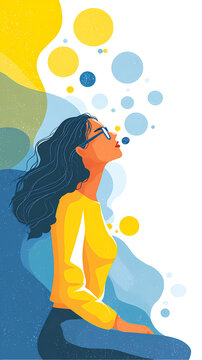 Confident Woman Looking Up with Colorful Abstract Background - Personal Growth and Inspiration Concept
